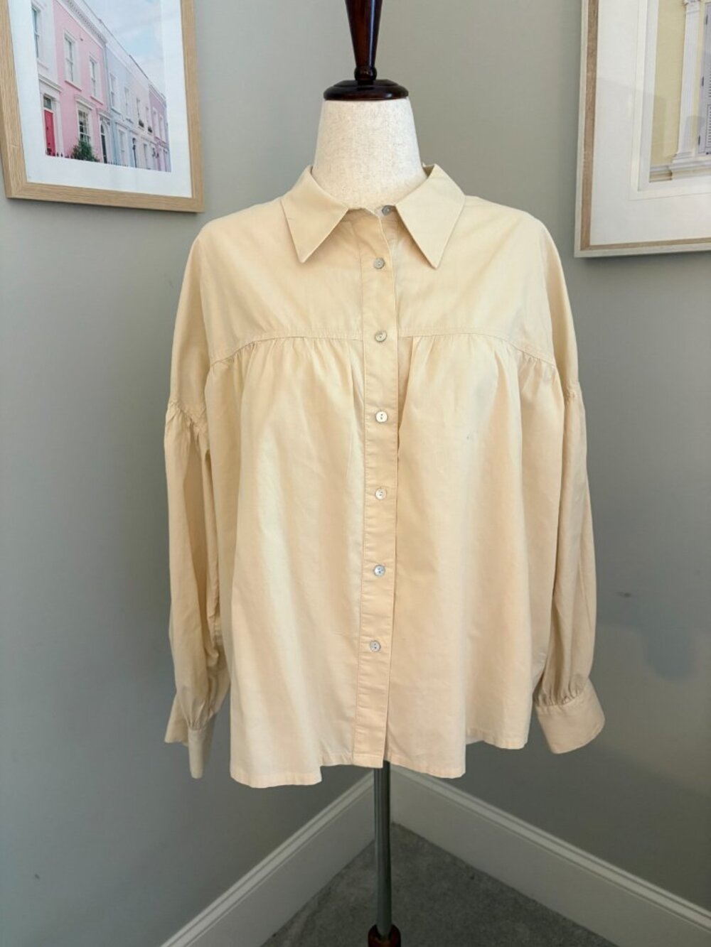 Monoprix XL Beige 100% Cotton Button Front Blouse Puff Sleeve Coquette French